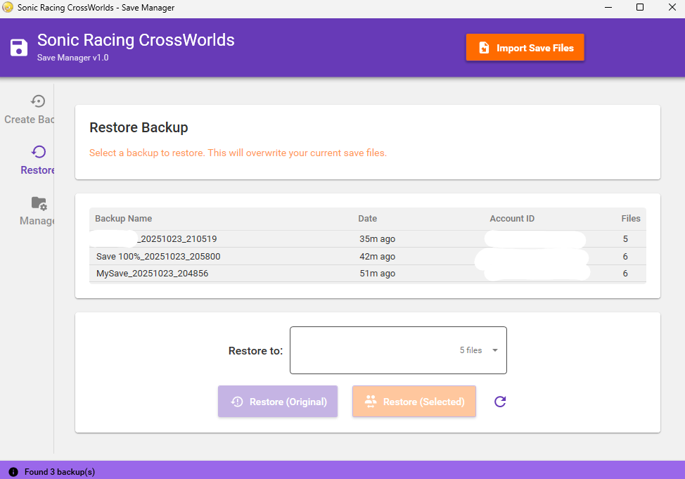 Restore Backup Screen