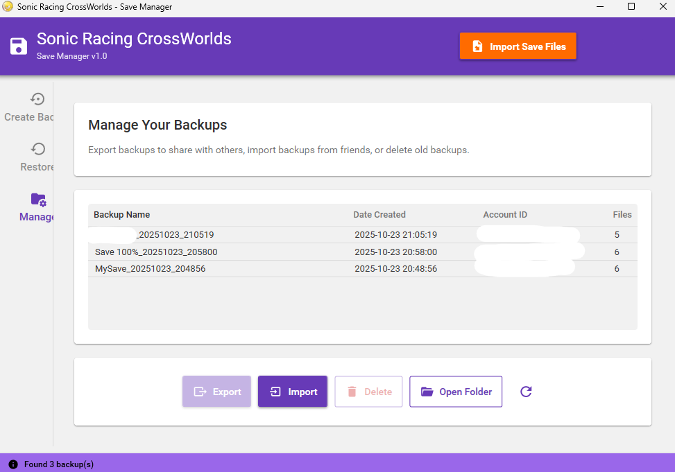 Manage Backups Screen